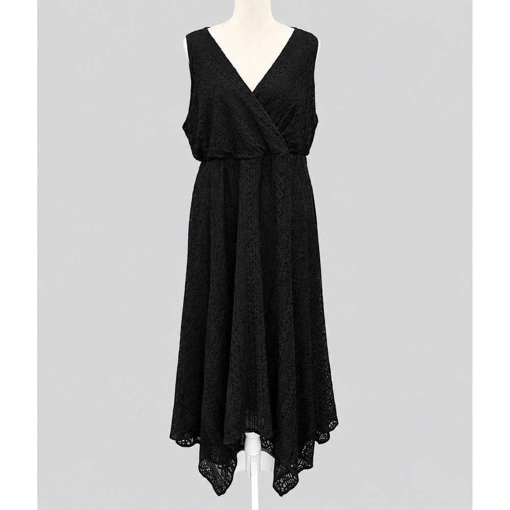 Torrid Goth Black Lace Handkerchief Hem Midi Dress 2X Surplice V-Neck Sleeveless
